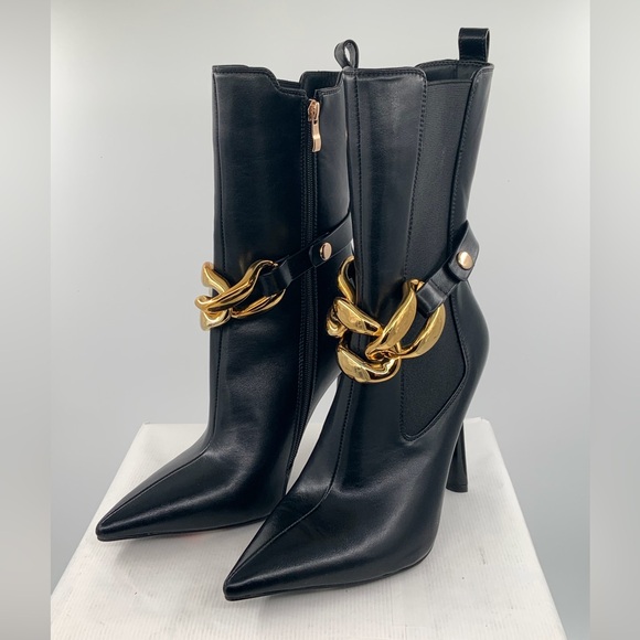 🌹New Listing🌹NWT Azalea Wang Cassia Pointed Toe Gold Chain High Heeled Boots - Picture 8 of 10